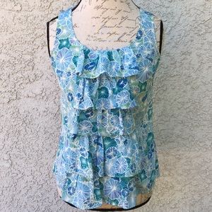 Anthropologie Sine Ruffled Tiered Waterfall Floral Tank Top 100% Silk Blouse